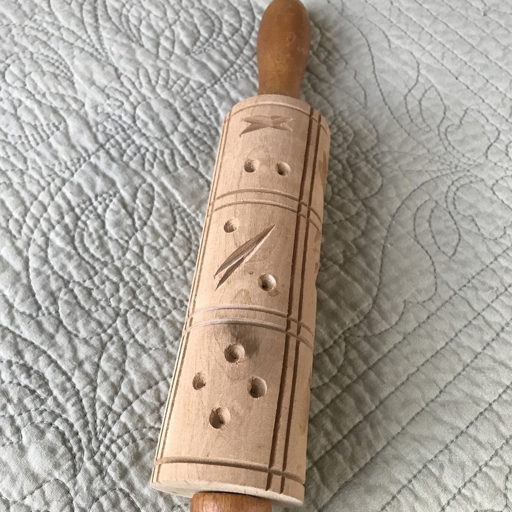Vintage Wooden Springerle Rolling Pin 12 Square Carved Cookie Mold Folk Art